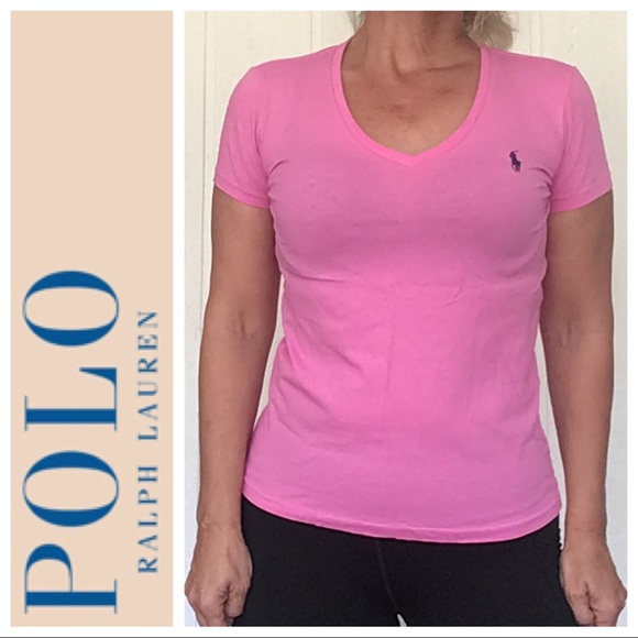 POLO RALPH LAUREN PINK VEE NECK POLO PONY T SHIRT MEDIUM - Picture 1 of 11